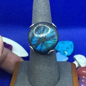 Round Blue Flash Labradorite Ring! .925 Sterling Silver Overlay. Size 7